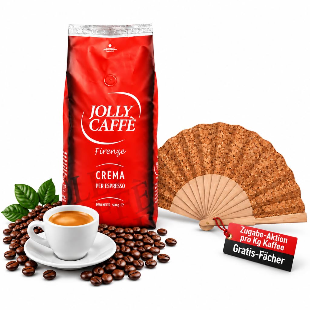 Jolly Caffè Crema Espresso Bohnen, 2 x 1000g, Premium Arabica-Mischung aus Zentralamerika, 2er Pack, Ganze Bohnen + ZUGABE FÄCHER