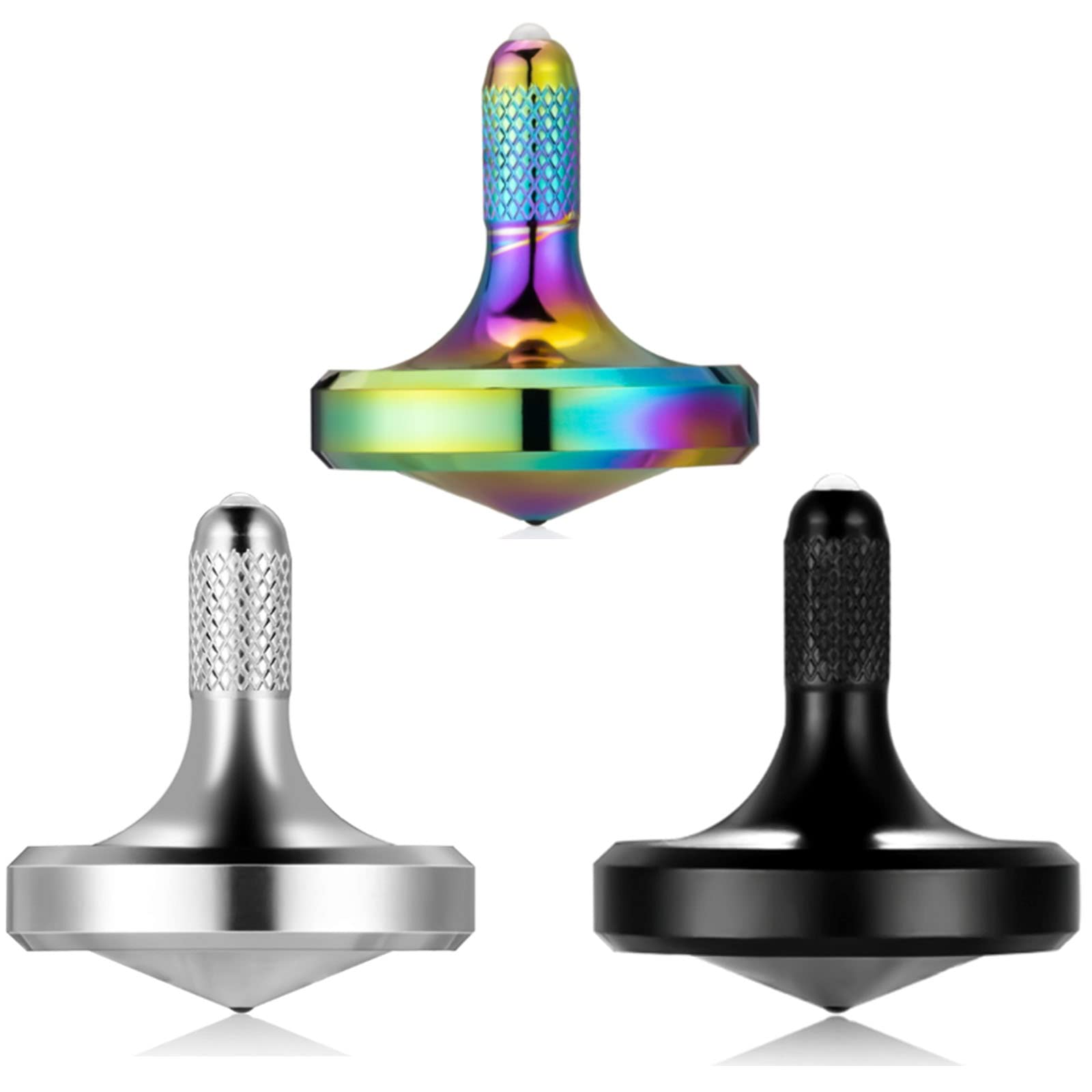 Metal Stainless Steel Spinning Top, Well Made EDC Decompression Toy, Perfectly Balanced, Spin Smooth, Long Rotation Time, Helps Relieve Stress and Anxiety (3PCS Black+Silver+Iridescent/S)