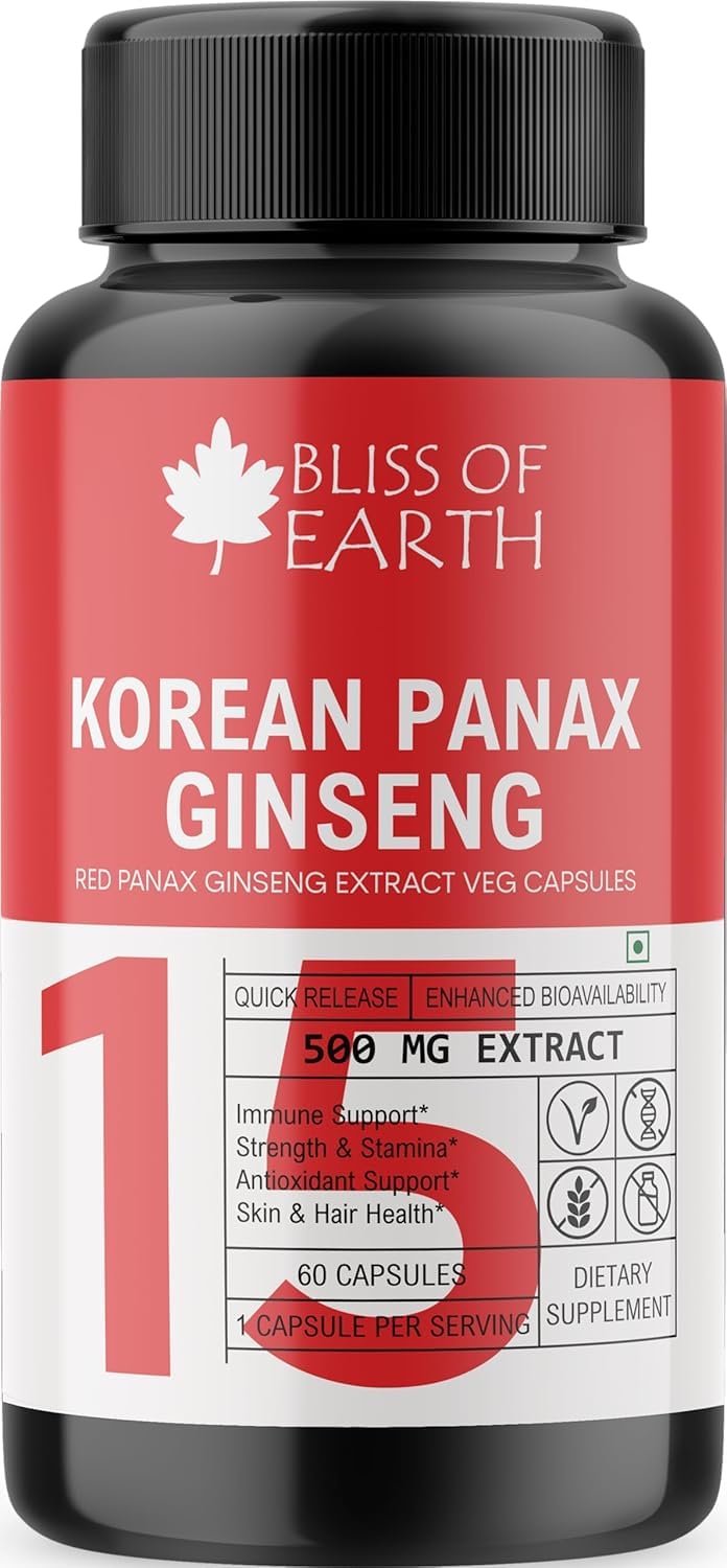 Korean Red Panax Ginseng Capsules For Men & Women, 500mg High Potency Root Extract 60 Veg Capsules For Energy, Stamina & Performance
