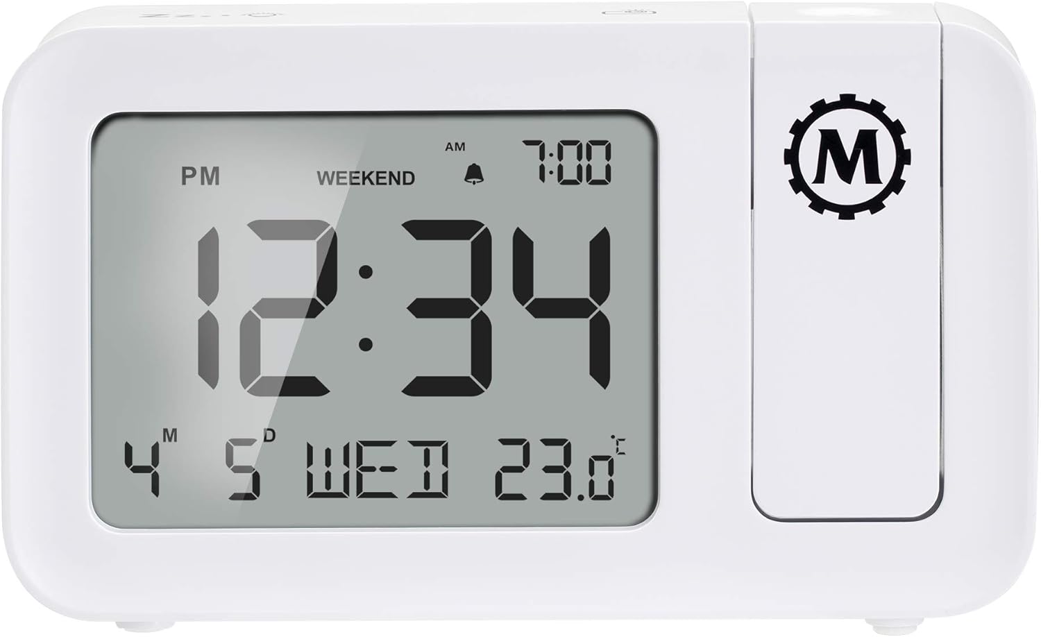 Rear view of MARATHON Night Owl '86 Projection Clock showing battery compartment and USB port.