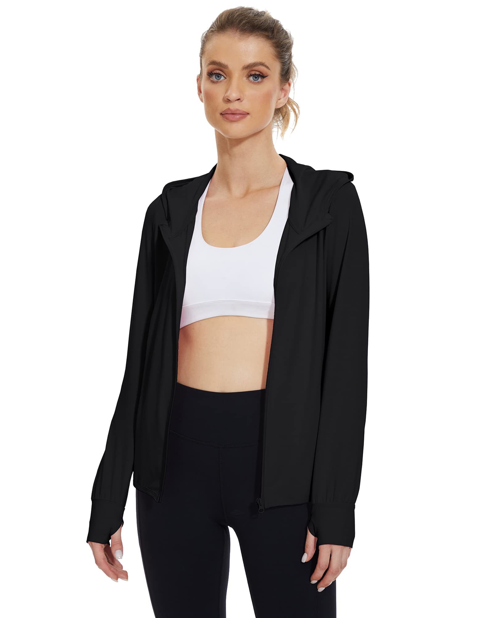 Gacaky Women's UPF 50+ Sun Protection Lightweight Full Zip Hoodie Jacket Long Sleeve Hiking Performance Shirt with Pockets Black XS