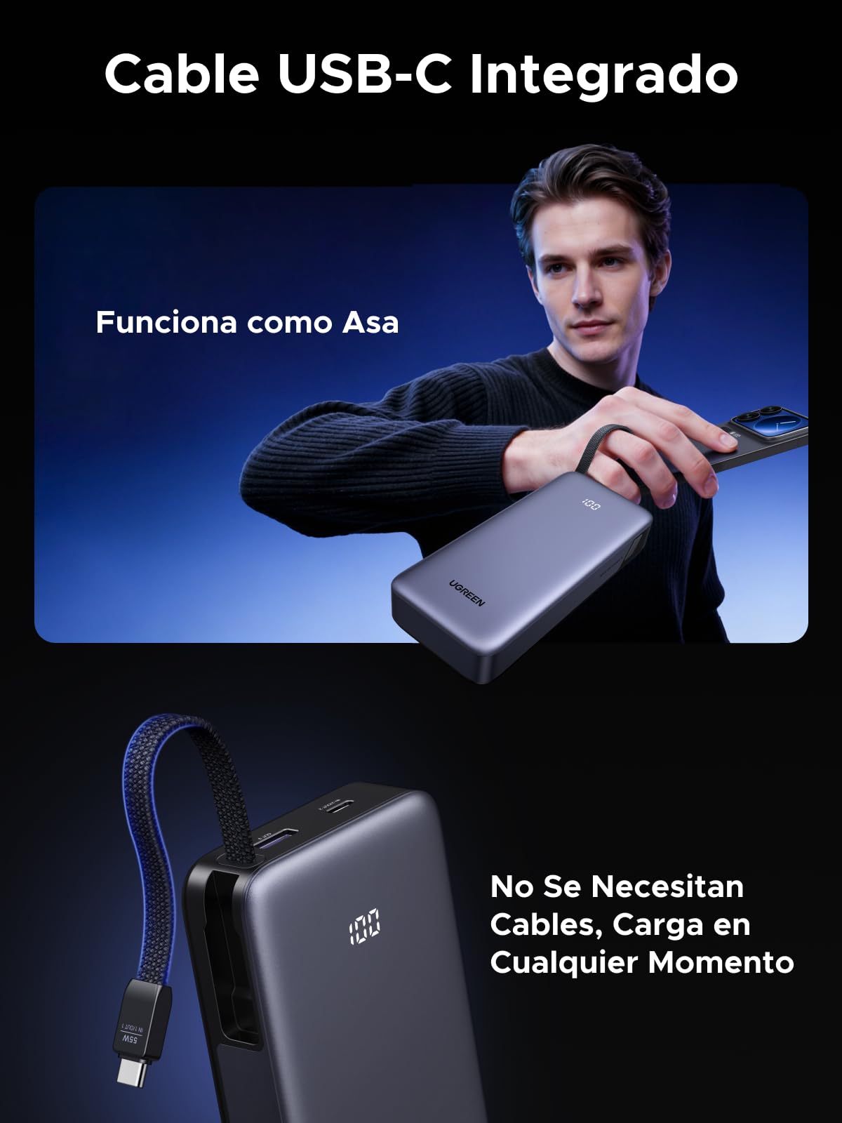 UGREEN Nexode 55W Power Bank 20000mAh CCC Batería Externa Carga Rápida Cable USB C Integrado PD 45W Cargador Portátil PC LED Compatible con Xiaomi Note 15 14 13 Poco M8 M7 iPhone 17 16 Galaxy S26 S25