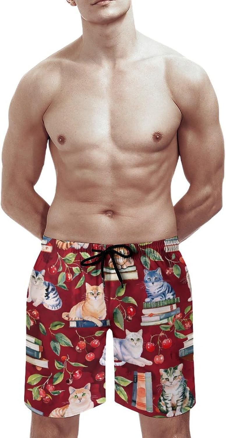 Cats Books Cherry Fruit Casual Men's Swim Trunks Novelty Summer Beach Shorts Swimwear with Pocket