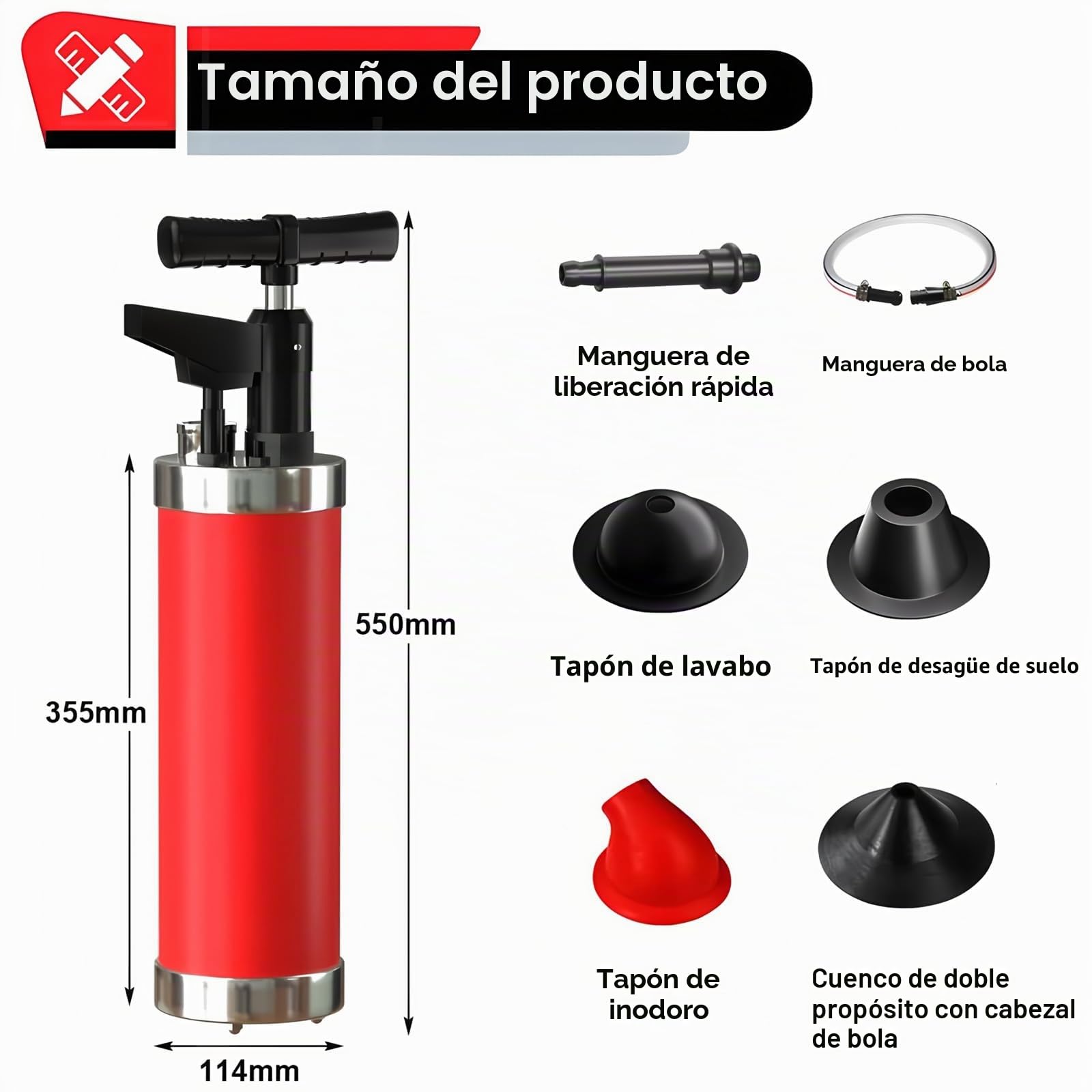 Desatascador Émbolo de Inodoro de Alta Presión con 4 Ventosas, Desatascador Tuberias Profesional con Barómetro Visual, Desatascador WC a Presion, Desatascador Aire Comprimido