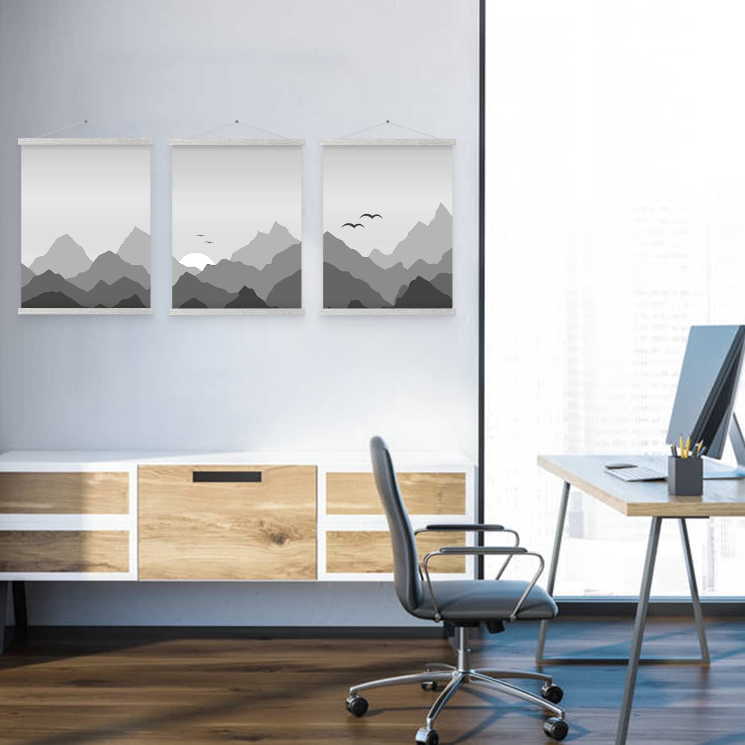 Benjia Magnetic Poster Hanger, 20x28 20 x 30 20x24 Poster Frame Wood Wooden Magnet Print Posters Dowel Scroll Hanger Hangers Hanging Kit for Walls Map Canvas Artwork (Grey, 20")