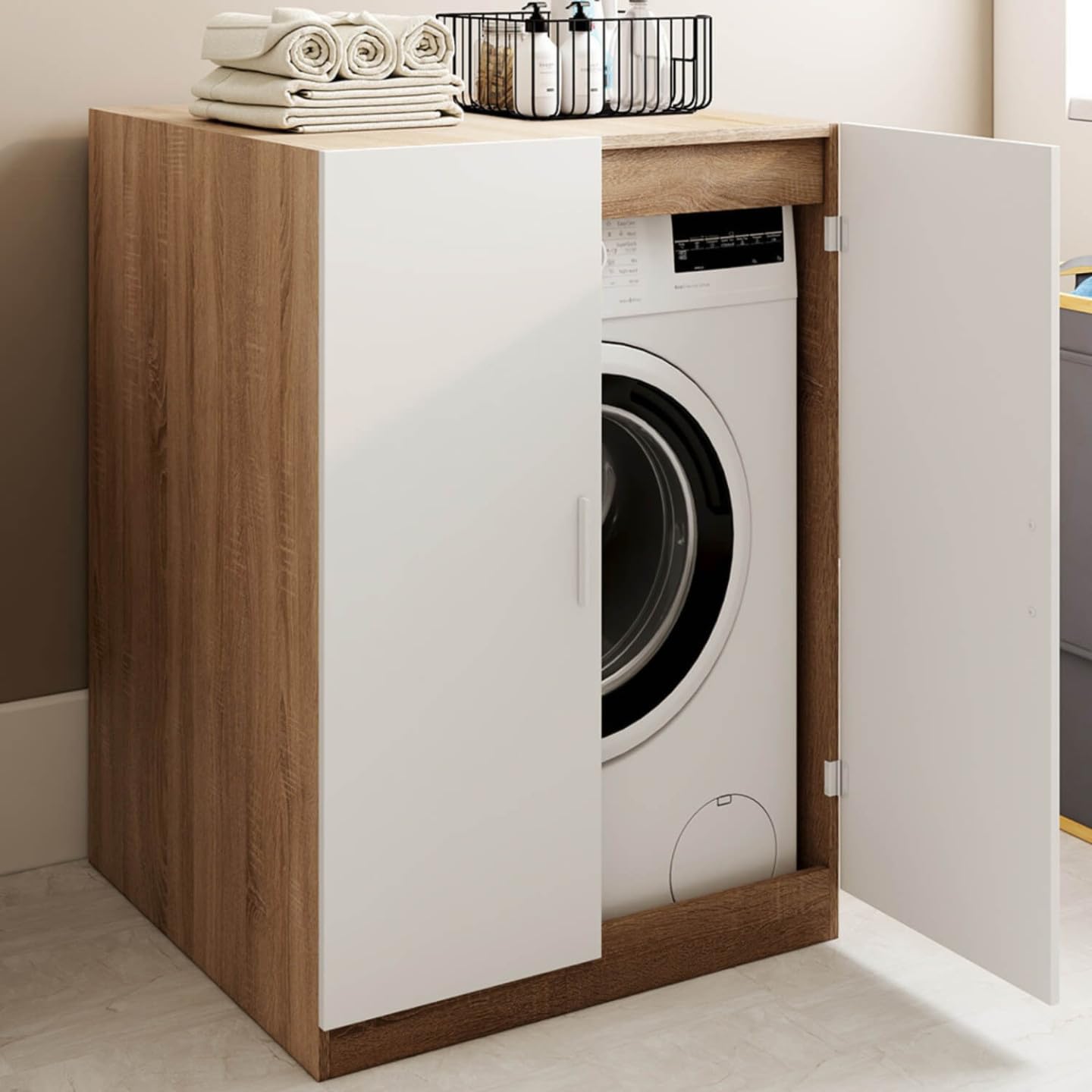 IDMarket – Mueble para lavadora con puertas Wallis blanco y madera efecto haya