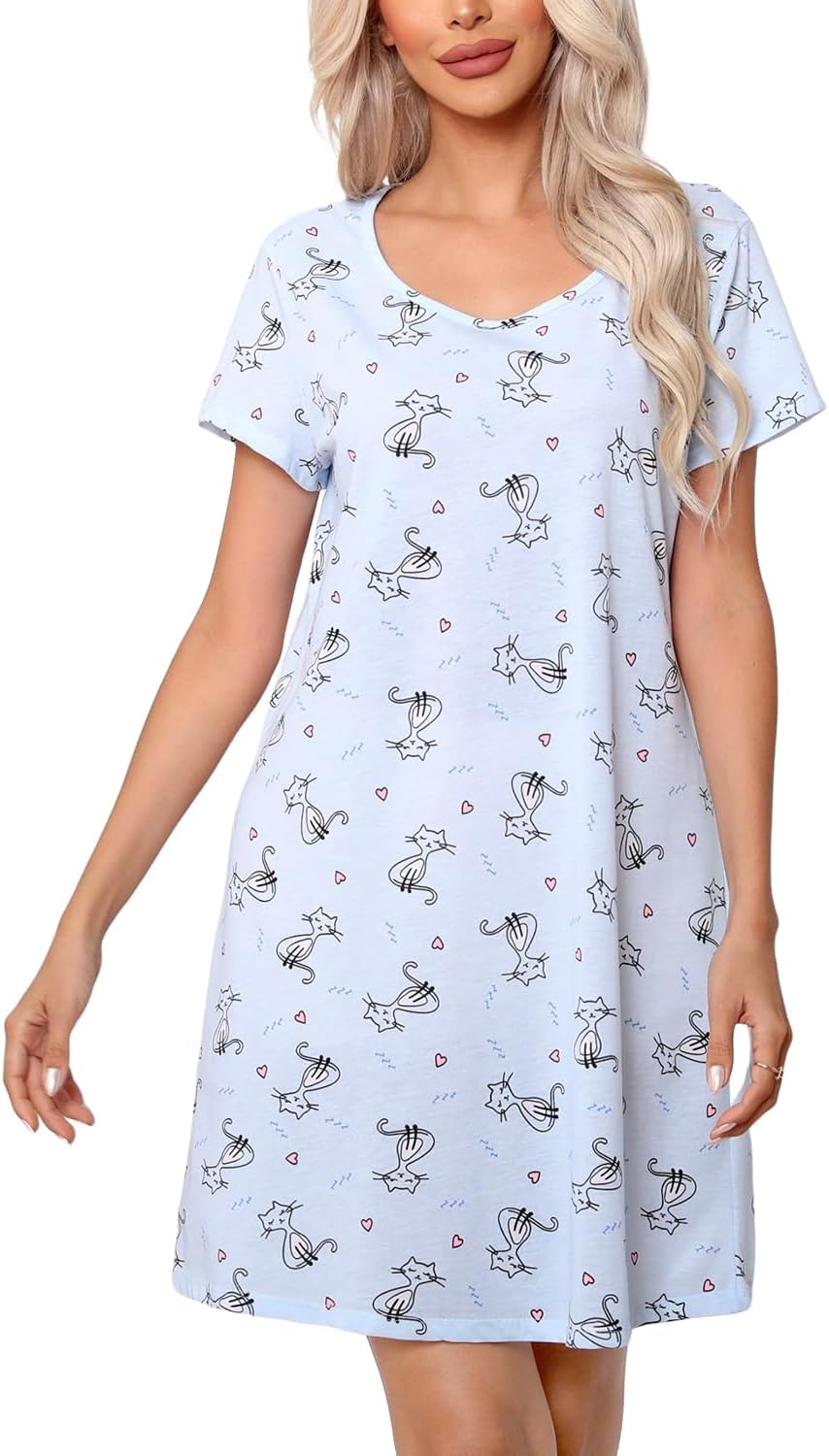 Inadays Women's Cotton Nightgown Sleepwear Short Sleeves Nightshirt Casual Print Sleepdress Loose Comfy Pajama - Image 5