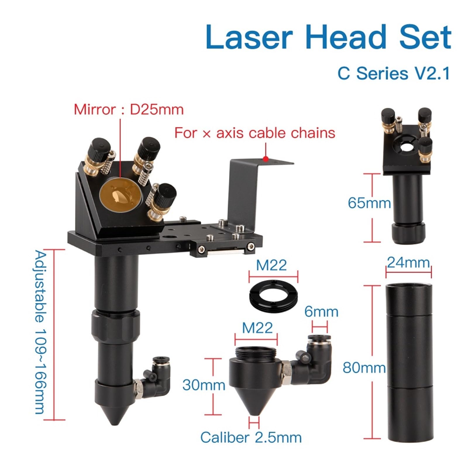 CO2 Laser Head GaAs Lens Set D18 FL38.1 D20FL50.8/63.5/101.6mm Integrative Mount Dia.25 Si Mirror for Laser Cutter(D20F50 Set)
