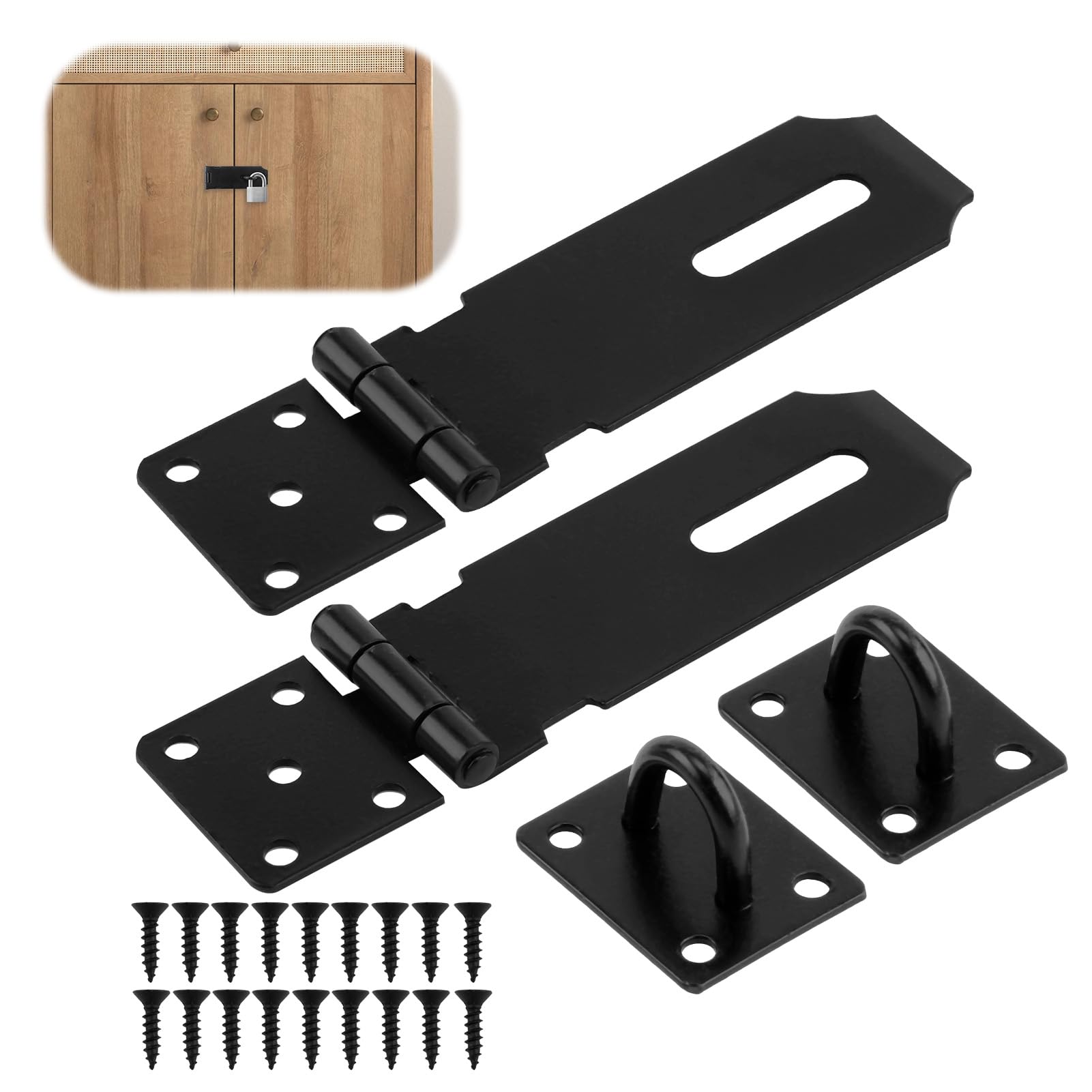 Padlock Hasp 4 Inch 2 Sets Stainless Steel Hasp and Staple Heavy Duty Security Clasp Lock Latch Hasps with Screws for Shed Door Lock Window Bedroom Garden Garage Cabinet Pet Cage(Black)