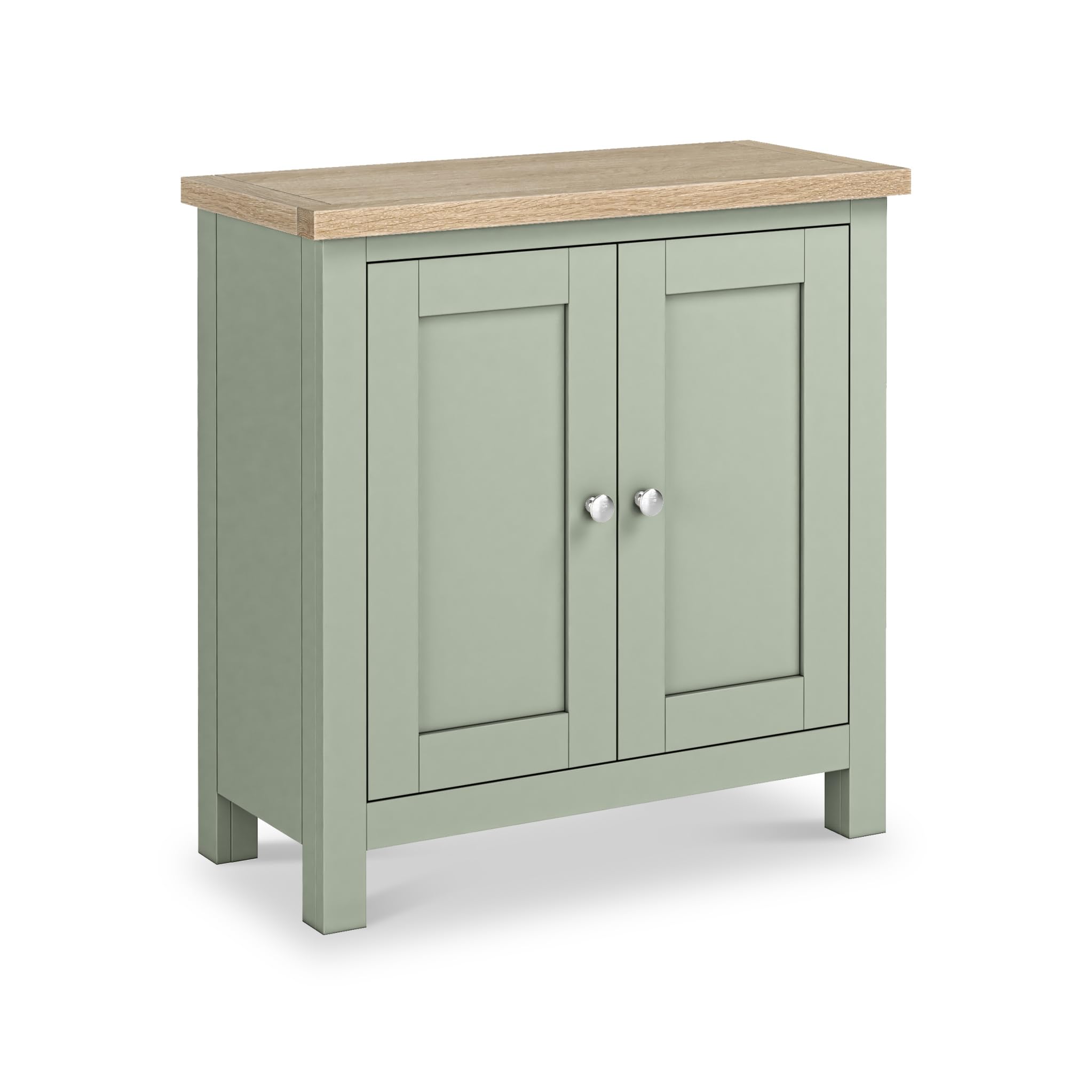 RoselandFurniture Farro Sage Green 2 Door Cupboard with Washed Oak Top | Fully Assembled | Contemporary Painted Solid Wooden Compact Storage Cabinet