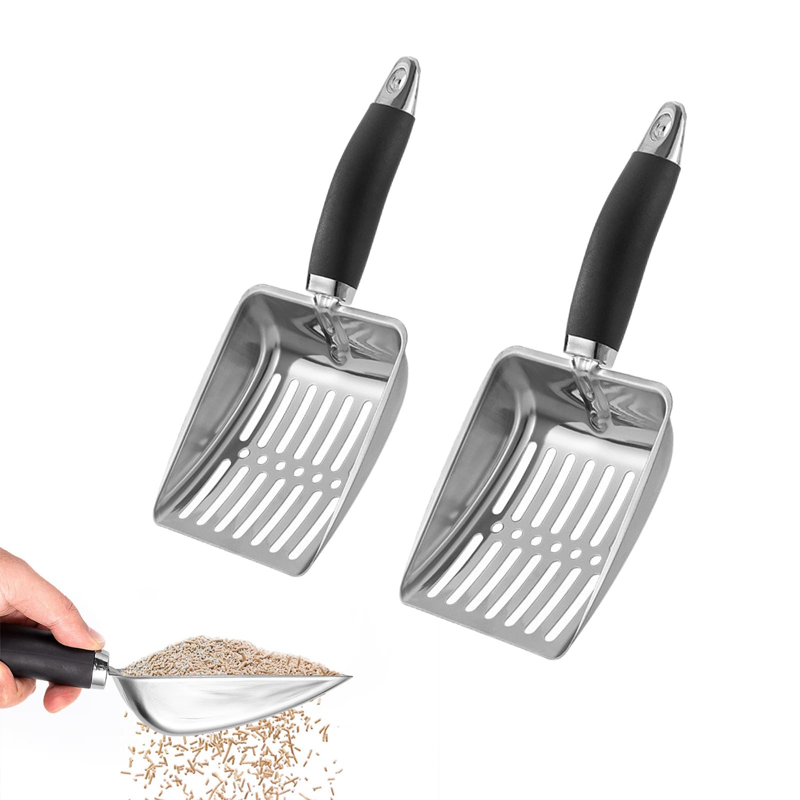 Quorlis Cat Litter Scoop β 2 Pcs Durable Metal Litter Scoop with Non-Slip Rubber Handle, Heavy Duty Cat Poop Scoop for Litter Box, Sturdy Mesh Shovel Easy Clean, Suitable for All Cat Litter Trays