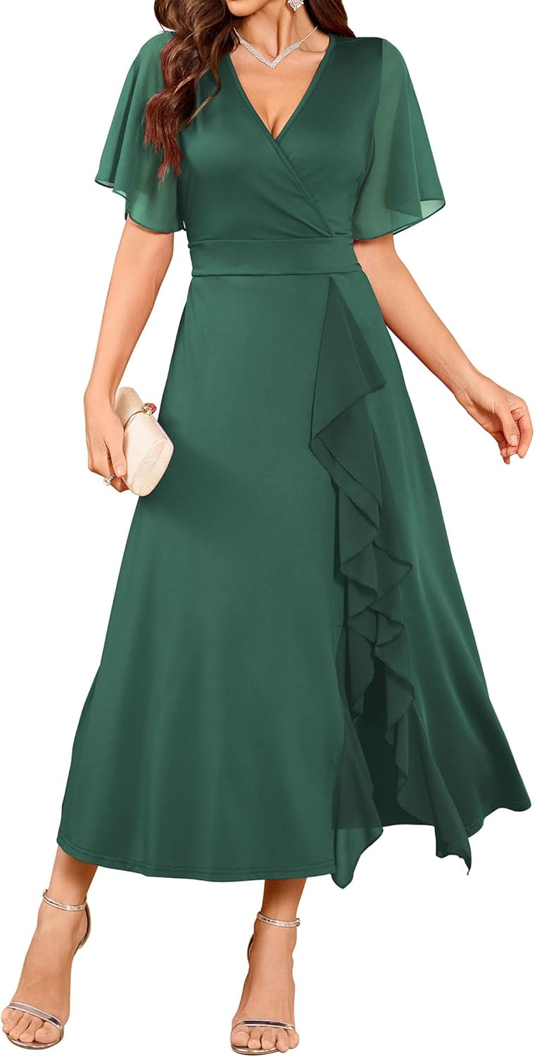 ZAFUL Womens Semi Formal Wedding Guest Dresses V Neck Flared Sleeve Evening Gowns Split Ruffle Party Modest Dress 2025 Small Dark-green