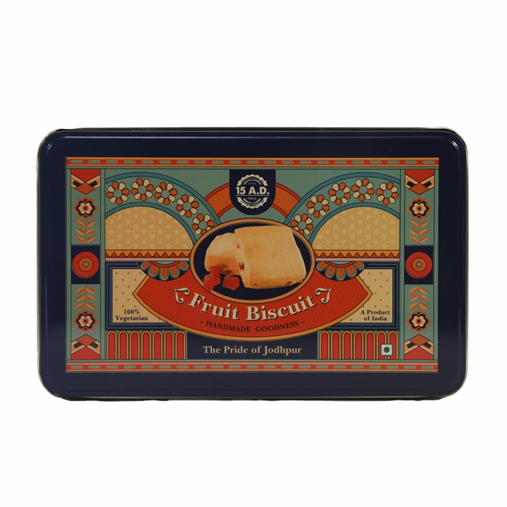 15 A.D. Bakery LLP Fruit Biscuits | 375 gm (Tin) | Handmade, Desi Ghee & Pure Butter, Traditional Taste | Pure Vegetarian Eggless Fruit Enriched Cookies