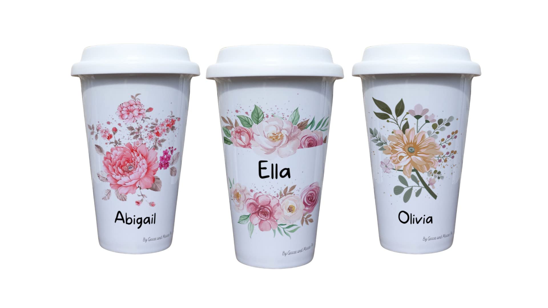 Floral Travel Mug Personalised - Gift for Plant Owners & Lover - Personalised Gardening Thermal Ceramic Insulated Travel Mug (Ella)