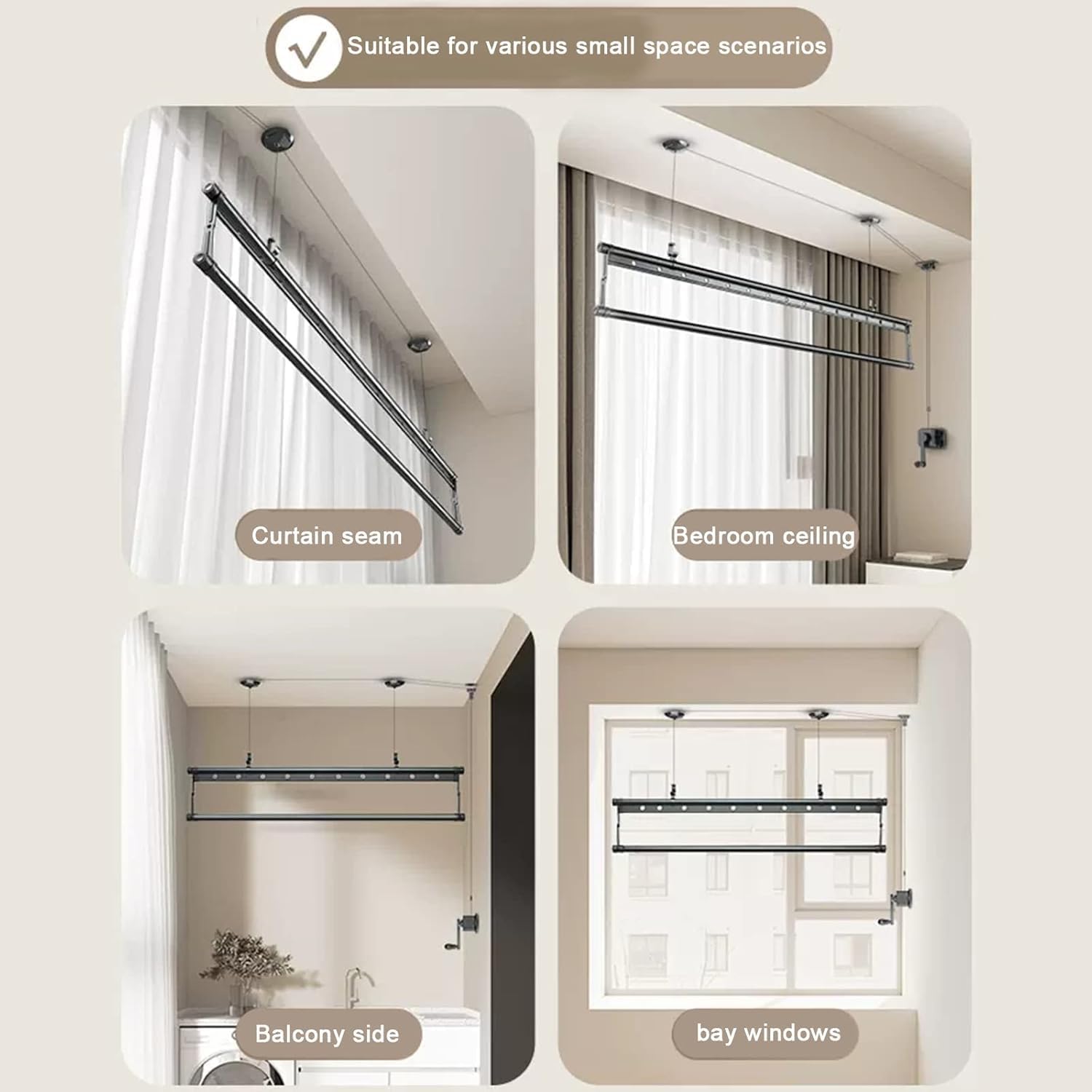 Aluminum Alloy Ceiling Clothes Drying Rack, 1.5m Foldable Pulley Laundry Rod for Indoor Use, Space-Saving Vertical Design, Ideal for Balconies and Apartments, Gold Silver 1.5M(59in)