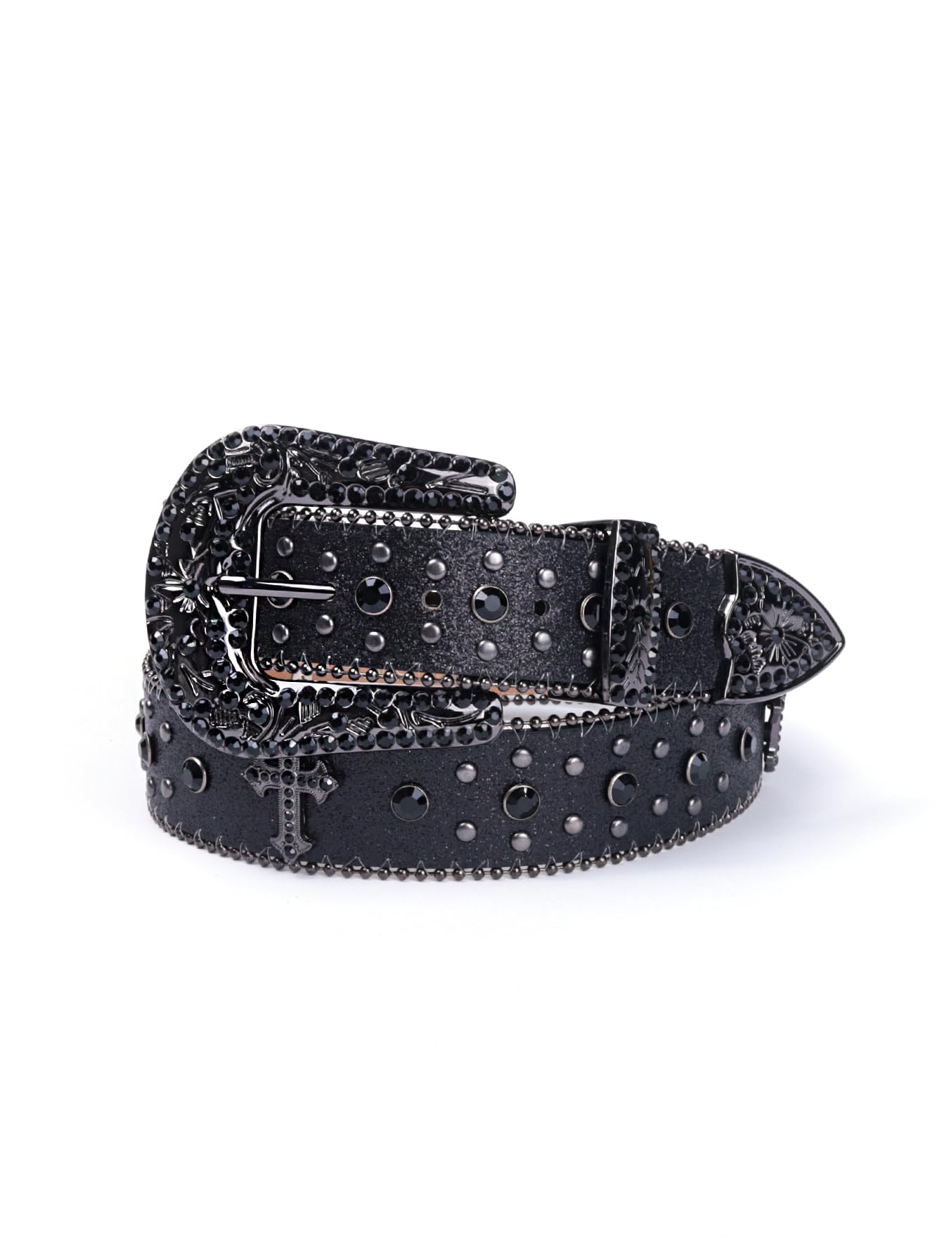 Strapvia Rhinestone Belt for Men & Women, Western Cowboy Cowgirl Belt with Bling Cross Design for Jeans, Full Black, waist size 34"-37"