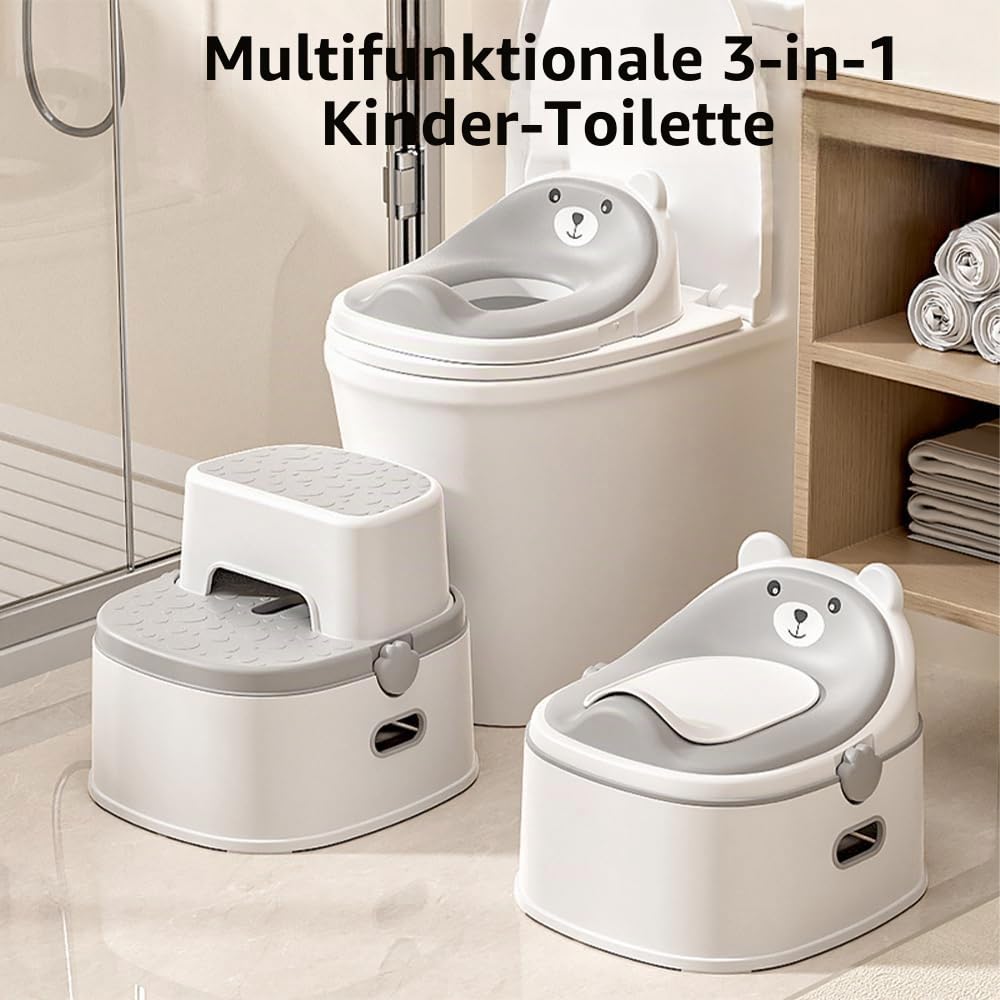 Töpfchentraining-Toilettensitz für Kleinkinder, multifunktionales tragbares Töpfchen mit Spritzschutz, verstaubares Design mit Fußhocker, minimalistischer schlanker Optik, leicht zu reinigen (Grau)