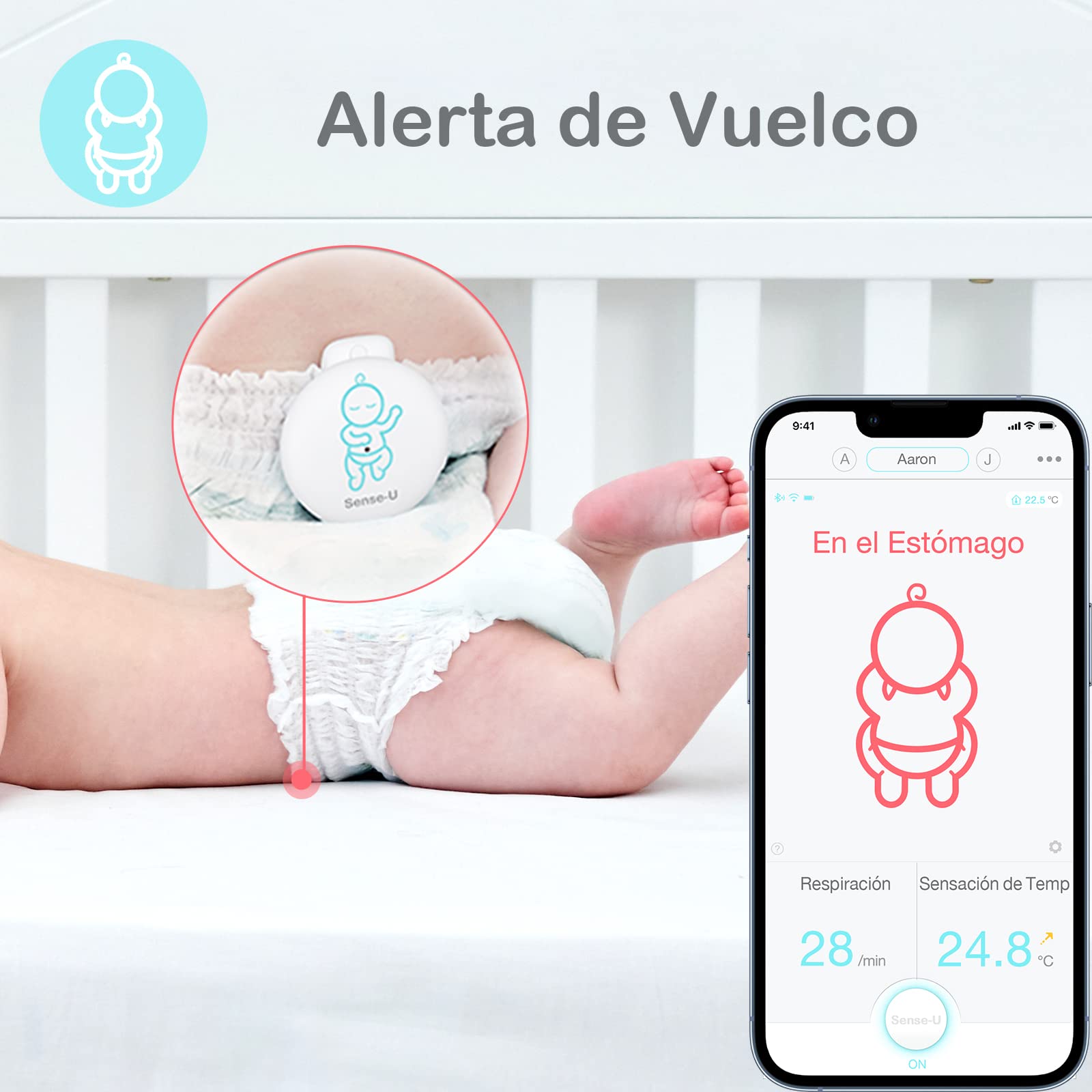 Sense-U Sensores de Monitor de bebé 3: realiza un Seguimiento del Movimiento Abdominal, la sensación de Temperatura, el Giro y la posición para Dormir de su bebé en los teléfonos Inteligentes(Rosa)
