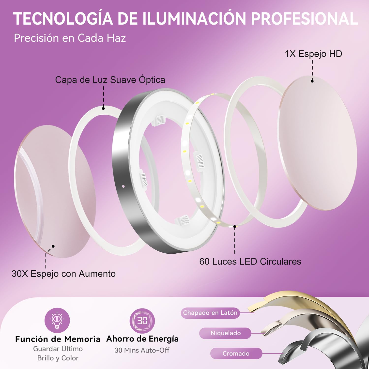 Auxmir Espejo Maquillaje con Luz, 30X/1X Aumento Espejo Telescópico Altura Ajustable 3000mAh Recargable USB, 3 Colores de Luz 60 Leds Brillo Regulable 360 Giratorio, Plata