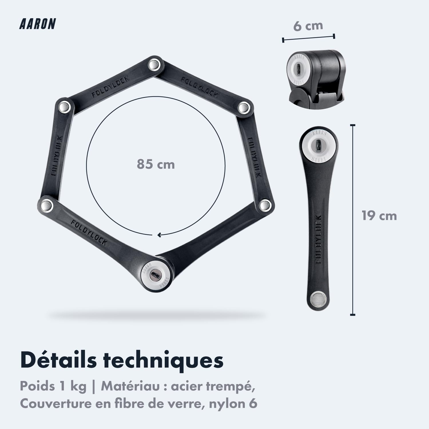 AARON Antivol Pliable - Sécurité Niveau 14, Haute Sécurité Breveté Avec Support - Léger Avec Clé Pour Vélos Électriques, de Course, Motos, VTT en Noir