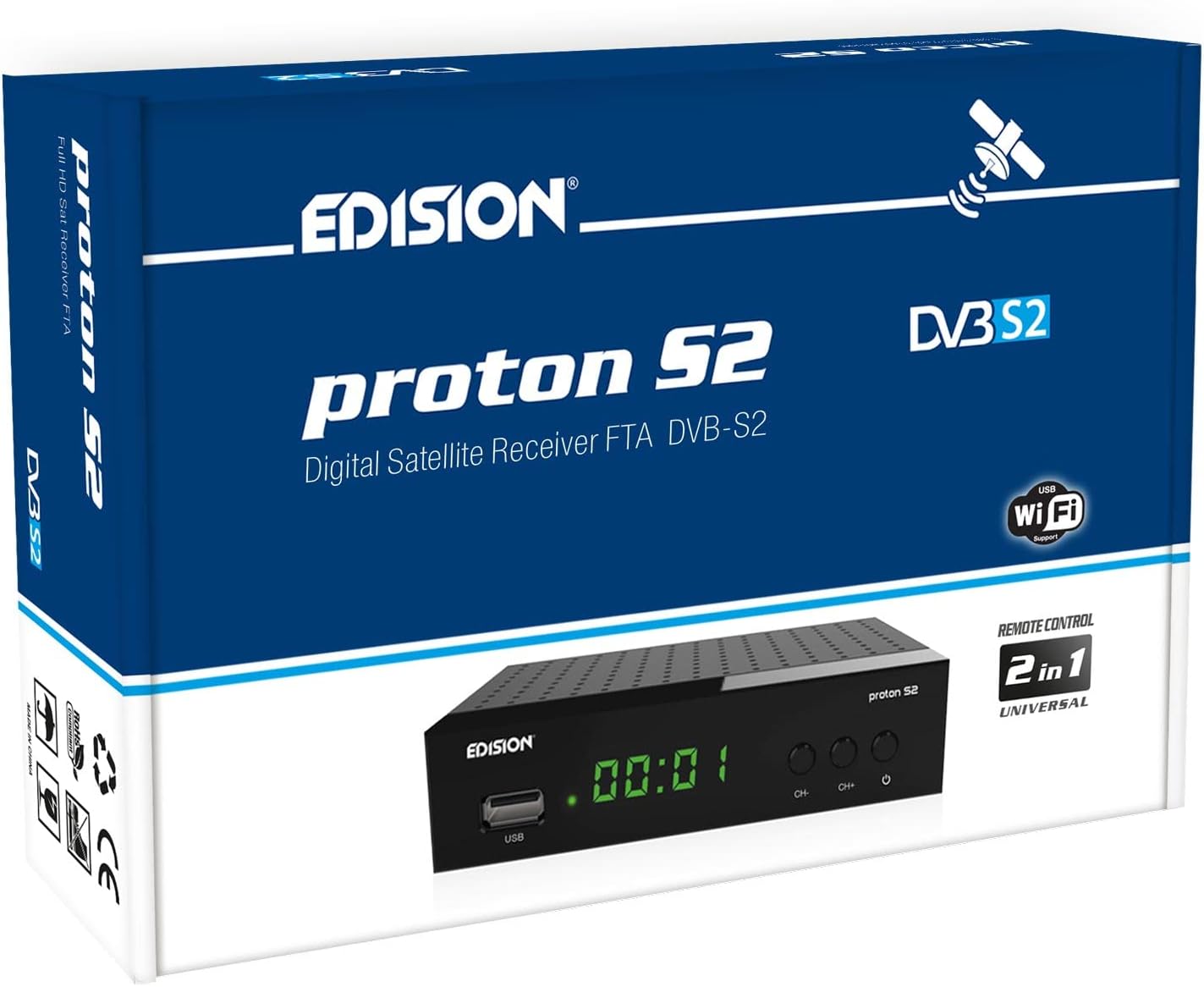 Edision Proton S2 Full HD SAT Receiver FTA (1x DVB-S2, USB WiFi Support, USB, HDMI, SCART, S/PDIF, IR Eye, FTA Black)
