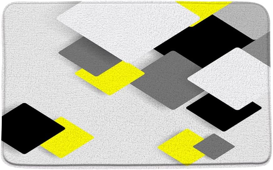 Abstract Yellow Black Geometric Bath Mat Modern Squares Pattern Checkered Mid Century Gray White Blocks Contemporary Geometry Non-Slip Flannel Bath Rug Shower Floor Carpet 18x30 Inch and 16 x 48 Inch