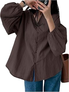Women's Bishop Long Sleeve Button Down Blouse Tops Dressy Casual V Neck Fall Business Work Oversized Shirts