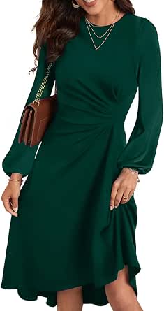 Happy Sailed Women's Long Sleeve Ruched Waist Flowy A-Line High Low Midi Cocktail Party Dress
