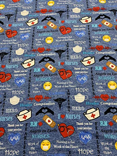 SYKEL ENTERPRISES Nurse Hero on Denim Design Quilting Cotton Fabric, 44 inches Wide, 100% Cotton, Sold by Yard, Blue, Plain, Angle Collection