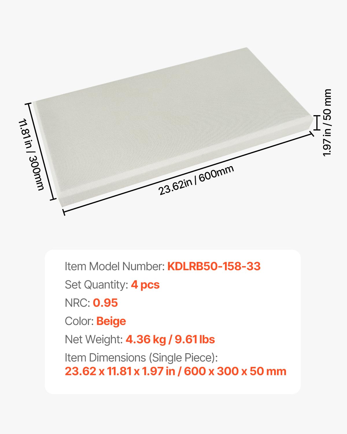 VEVOR Paneles Acústicos de Fibra de Vidrio, Paneles de Absorción de Sonido, Insonorizados Autoadhesivos, para Estudios, Oficinas, Cine en Casa, Salas de Reuniones, Beige, 600 x 300 x 50 mm, 4 uds