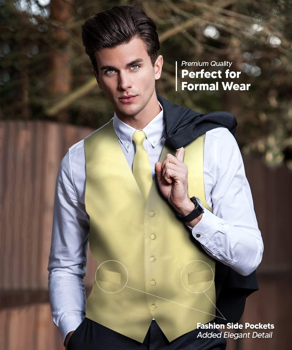 Solid Color Satin Suit Vest for Men Set of 4 - Vest, Tie, Bow Tie & Pocket Square (White Back)