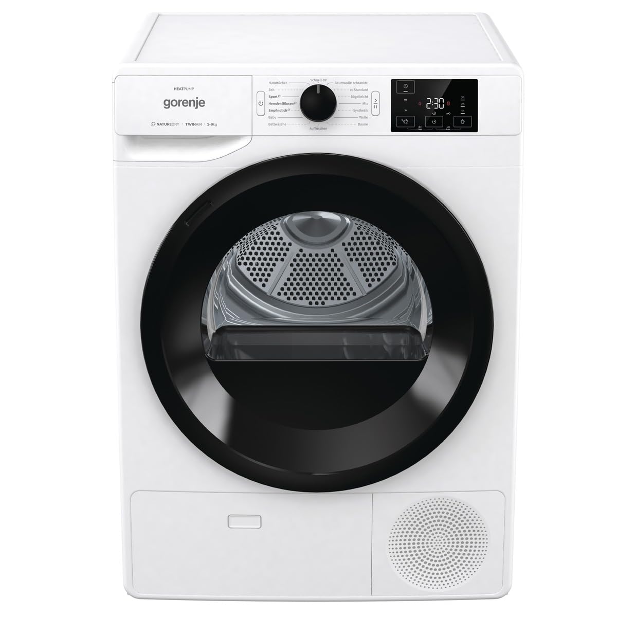 Gorenje DNE92/GN Wärmepumpentrockner, 9kg Kapazität, 16 Programme, Auto Drain, Made in EU, Nature Dry, Fast 89min, Twin Air, Sportprogramm, Daunenprogramm, Kindersicherung, weiß