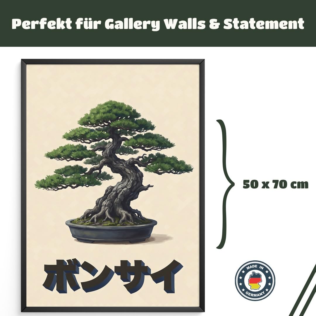 MJ-GRAPHICS® Poster Bonsai Kunstdruck asiatisch Wandbild Zen Garten Deko Wohnzimmer Wanddeko Vintage Stil grün beige Schlafzimmer Bilder Meditationsraum 50x70 mit beigem Rahmen