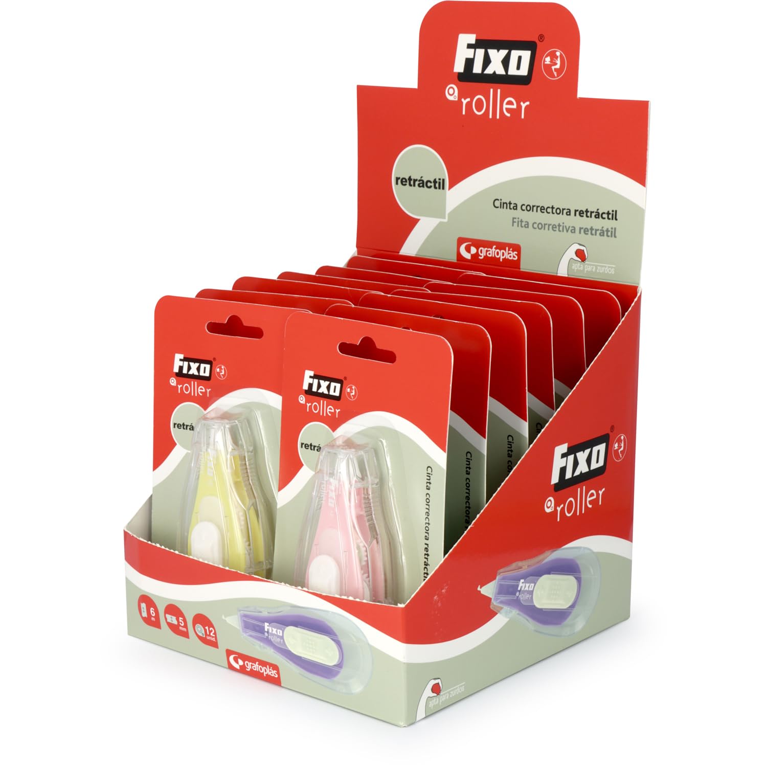 Fixo Roller - Confezione da 12 nastri retraibili per mancini, applicazione frontale, 6 m x 5 mm, consente la scrittura istantanea, perfetto materiale scolastico e da ufficio per correggere errori di