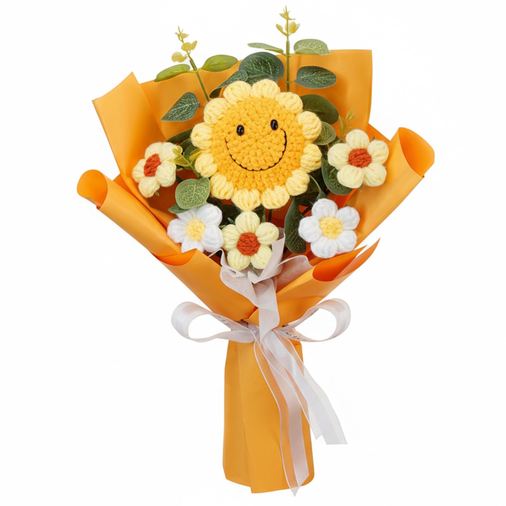 Qoidrfofse Crochet Flower Bouquet, Knitted Flower Bouquet with Smile Face, Long Lasting Crochet Flowers for Mother's Day Valentine's Birthday, Yellow
