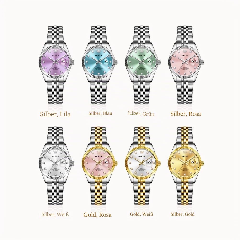 OLEVS Damenuhr Elegante Wasserdicht Klassische Frauen Uhr mit Quarzwerk, Modisches Design mit Datumsanzeige Leuchtzeiger Armbanduhr Damen Exquisites Design für Damen Schlicht Armbanduhren