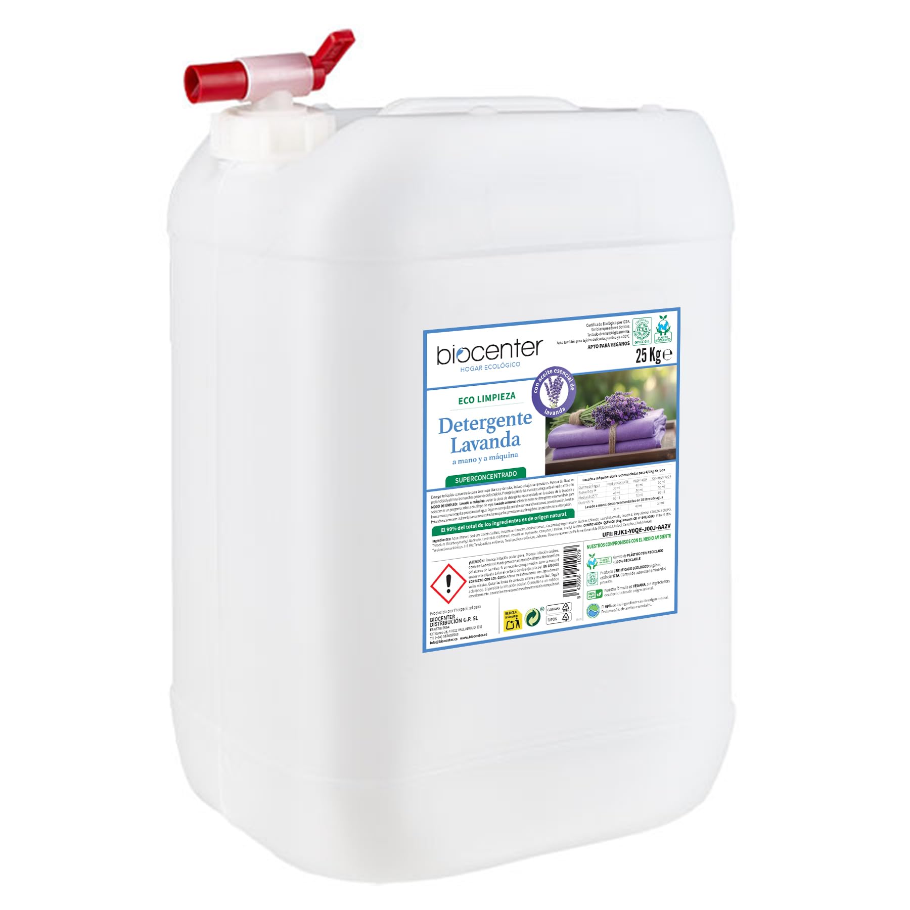 BIOCENTER - Detergente ecológico para Ropa - LAVANDA - Formato a granel de 25 Kg con grifo