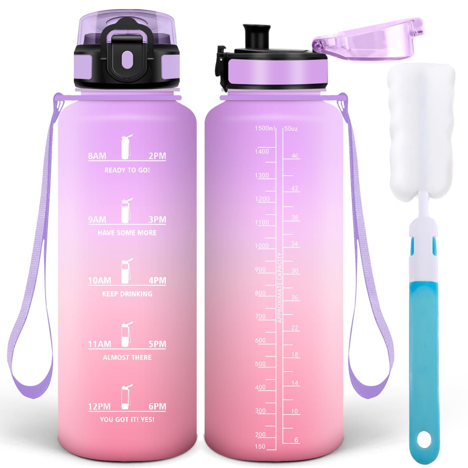 Motswedi Borraccia 1.5l, Borraccia Palestra, a Prova di Perdite Bottiglia acqua, Include Spugna di Pulizia, Motivazionale Bottiglia Plastica 1.5 litri - Lilla Delicato & Rosa Chiaro