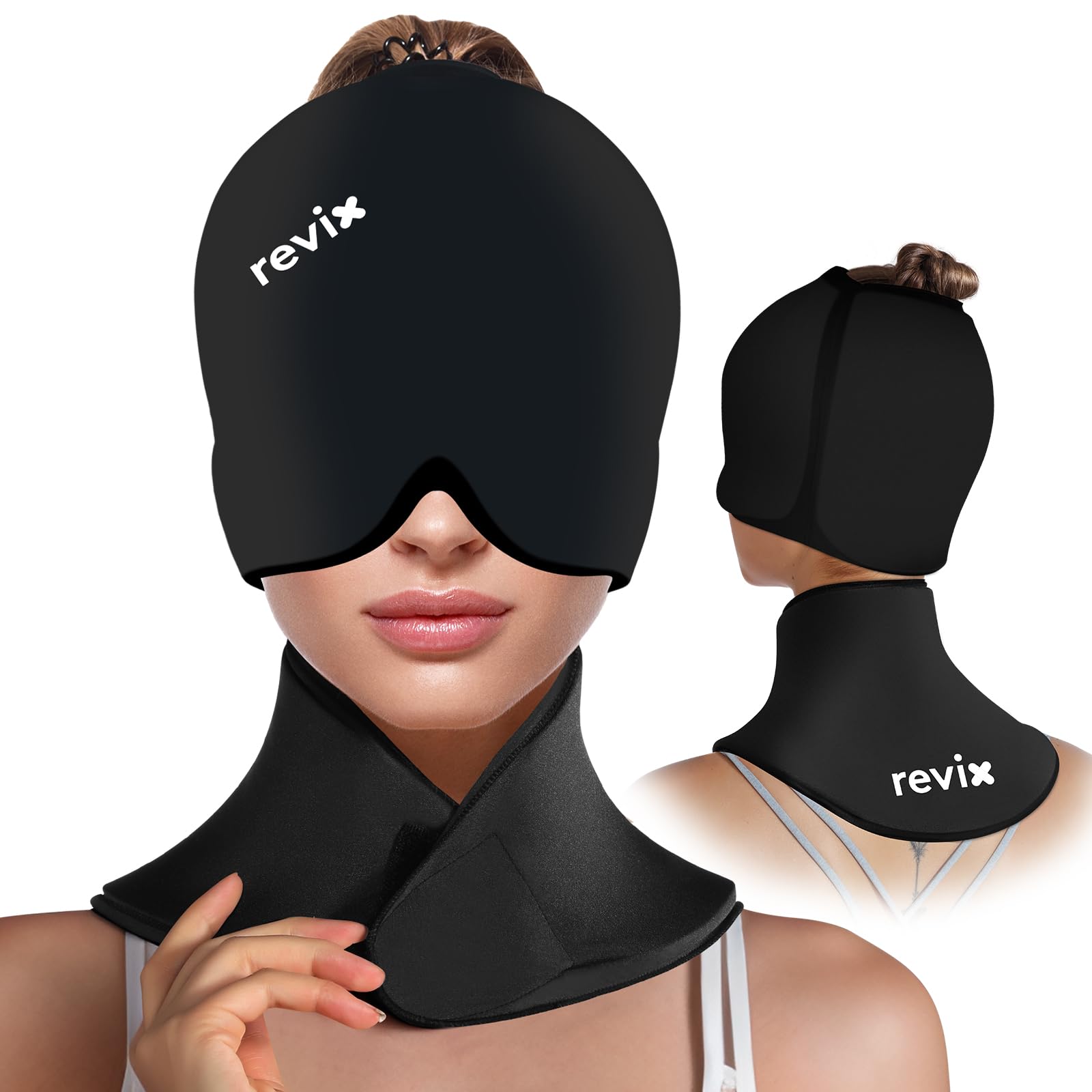 REVIX Cold Cap and Neck Ice Pack Wrap Set, Soft Gel Wearable Ice Face Mask and Cervical Ice Pack, Adjustable Cooling Relief for Neck and Head Discomfort, Black