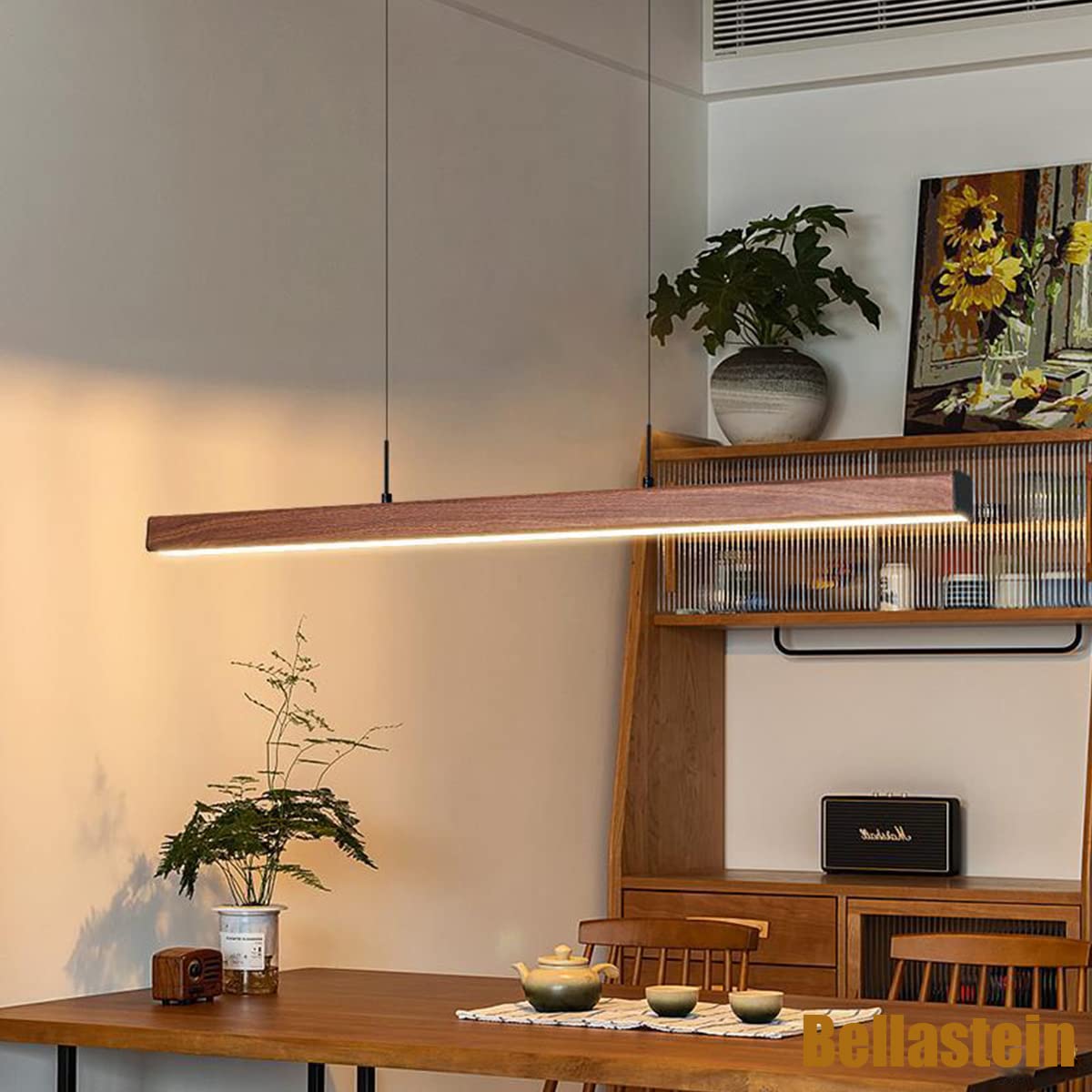 Bellastein LED Holz Pendelleuchte Moderne Dimmbare Linear Design Hängeleuchte mit Fernbedienung Esstisch Hängelampe Höhenverstellbar Esszimmer Büro Wohnzimmer Kronleuchter (Farbe Walnuss, L100cm)