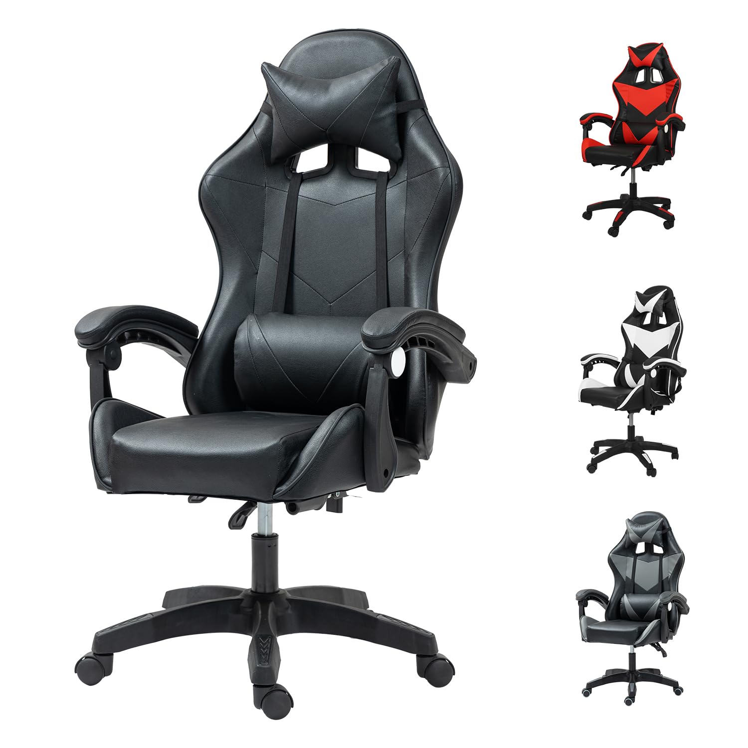 GadgetHaven Gaming Chair, Computer Chair with Lumbar Cushion, Headrest, Height-Adjustable Office Chair Gaming Chair for Adults, Girls, Boys (Black, no footrest)