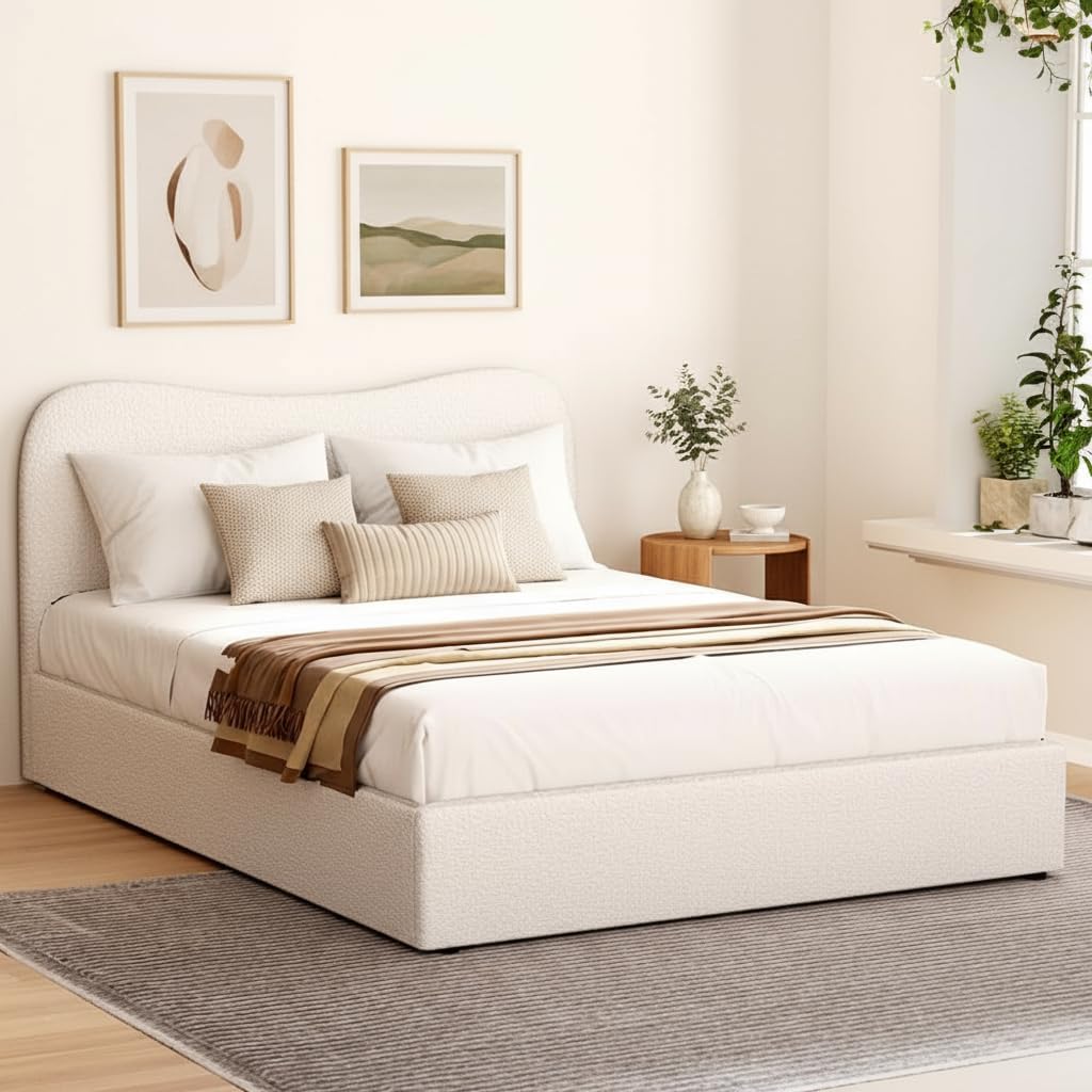 Artiss Bed Frame Double Size Mattress Base Wooden Platform Boucle White DARA