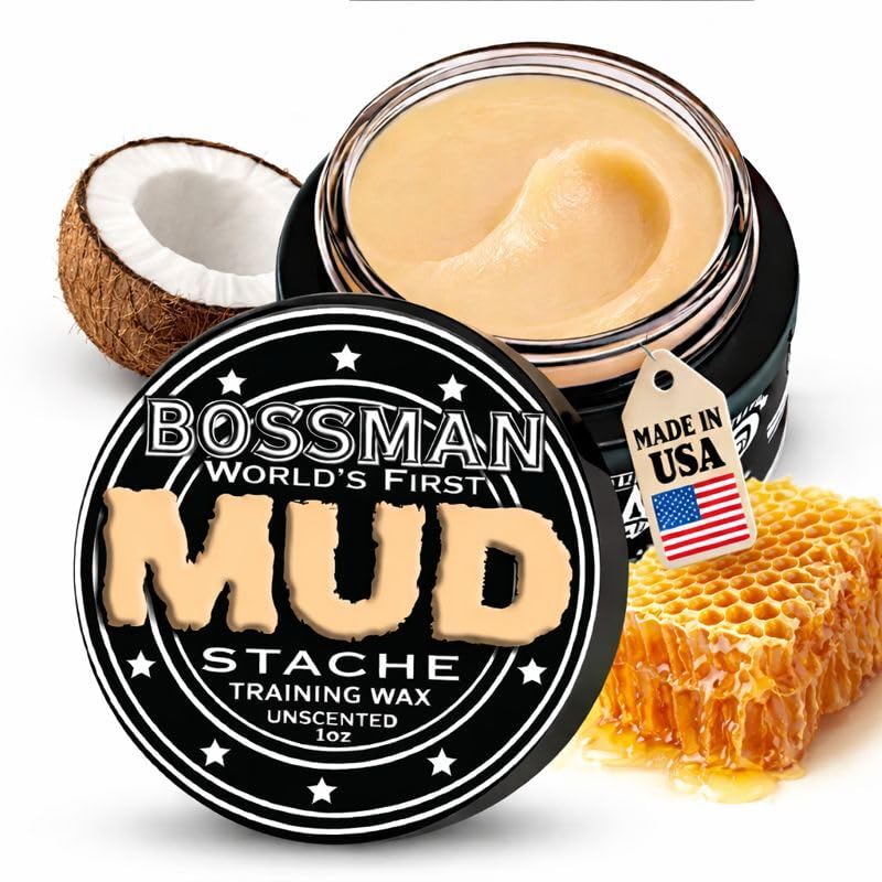 Bossman MUDstache Unscented Mustache Wax – Grooming Christmas Gifts for Men - No Pull - Spreads Easy for a Strong Non-Tacky 24 hr Hold - Tame, Train and Style - Moustache Wax for Men (1oz)