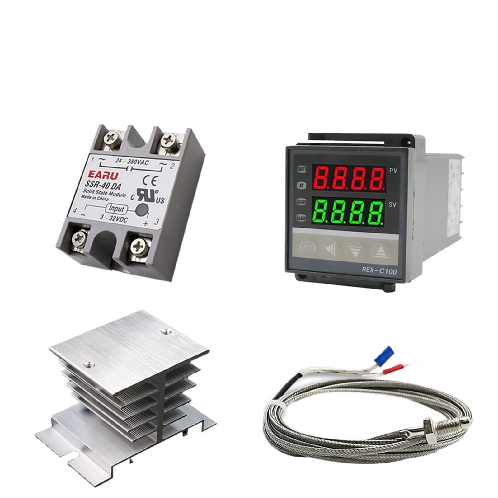 Controlador de temperatura PID digital Termostato REX-C100 + Relé SSR SSR-40DA Max 40A + Termopar K Sonda M6 1M con disipador de calor (Size : 40DA Heat Sink)