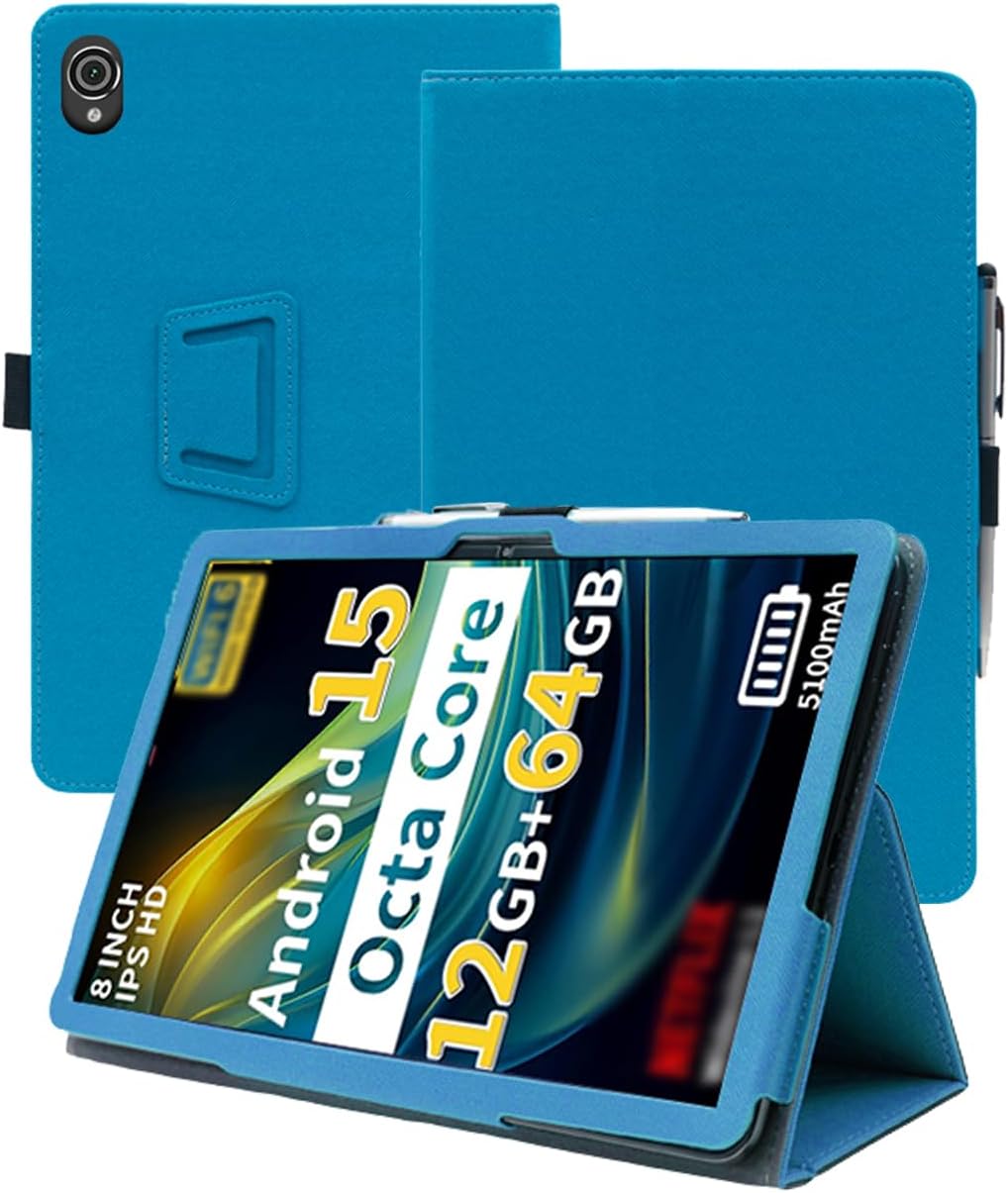 Case for Topsand M8/HAOVM M8 2025 Android 15 Tablet 8 inch，WUNIAK Premium Leather Business Folio Stand Cover for HAOVM M8 2025 Android 15 Tablet 8 inch with Hand Strapt,Light Blue