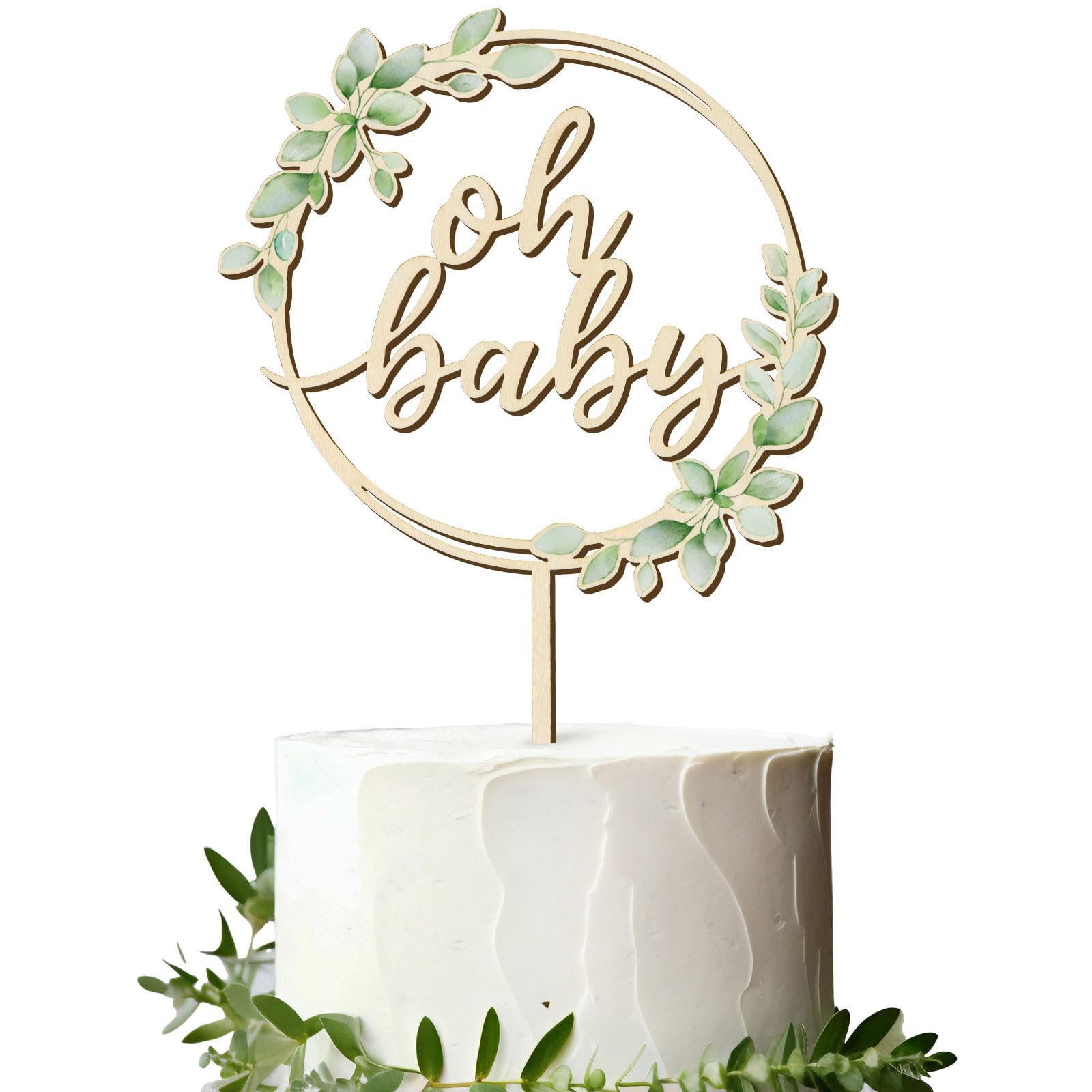 ZenithAura Oh Baby Cake Topper for Baby Decor Green Leaves Forest Safari Jungle Neutral Baby Shower Cake