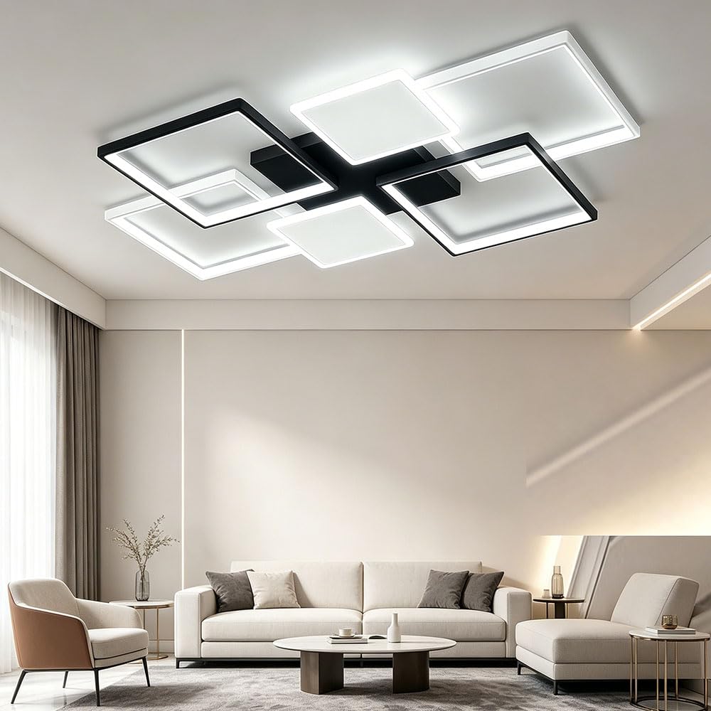 LIUYU Plafonnier LED Salon Dimmable Rectangulaire 110x70cm, 95W, 8100lm, Lustre LED Moderne avec Télécommande, Bicolore Noir/Blanc, pour Salle à Manger, Cuisine, Chambre, Bureau