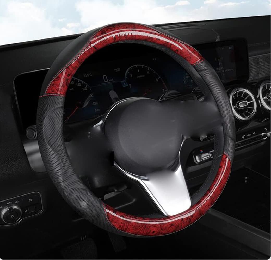 D-CC Sporty Woodgrain Steering Wheel Cover Leather Four Seasons Universal 15 Inch Soft Padded Breathable Anti-Slip Massage Grip (Coffee)