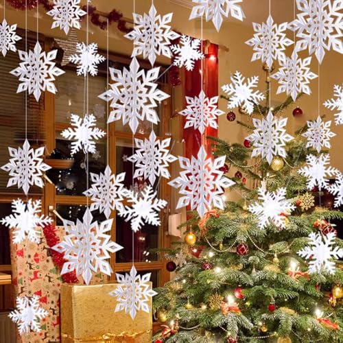 Image of Snowflake Decorations, Paper Christmas Hanging Decor Indoor, White, 24-Pc