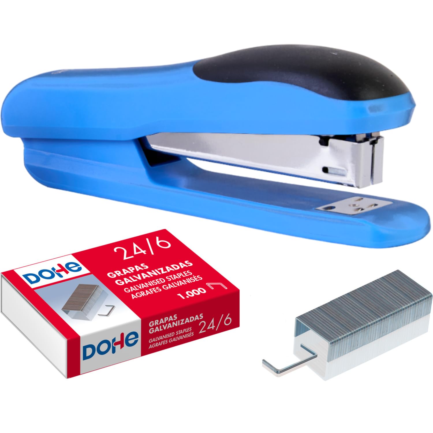 Dohe - Grapadora con 1000 Grapas de 24/6 - Tamaño 4x6x15cm, Capacidad 20 Hojas, Admite 150 Grapas - Material de oficina - Azul